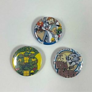 3x 1” Retro Cartoon Pin Button Set Accessories TV Brooch TMNT Looney Tunes